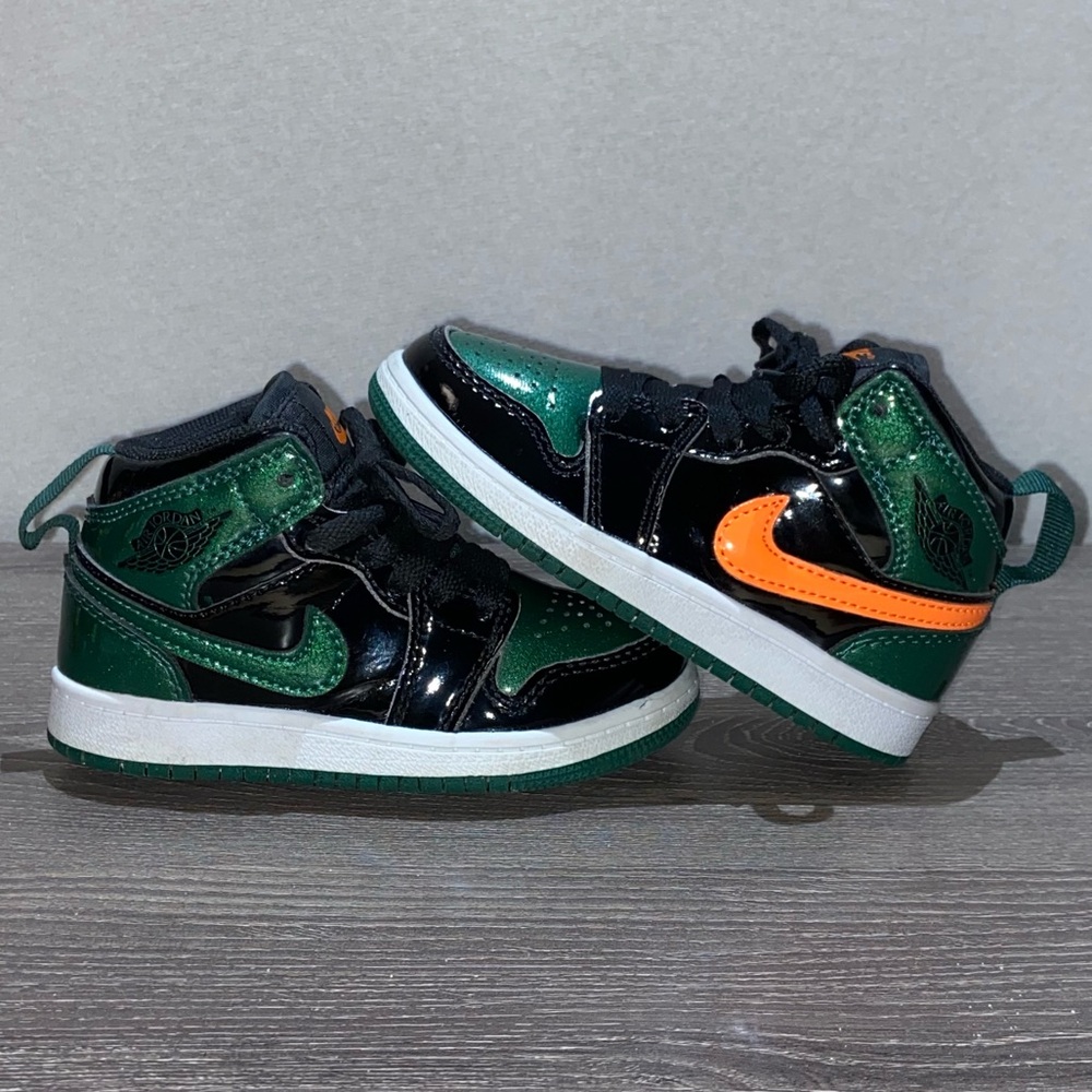 NIKE AIR JORDAN 1 Retro Black Green Orange Patent Leather Shoes Toddler Sz 7.5C